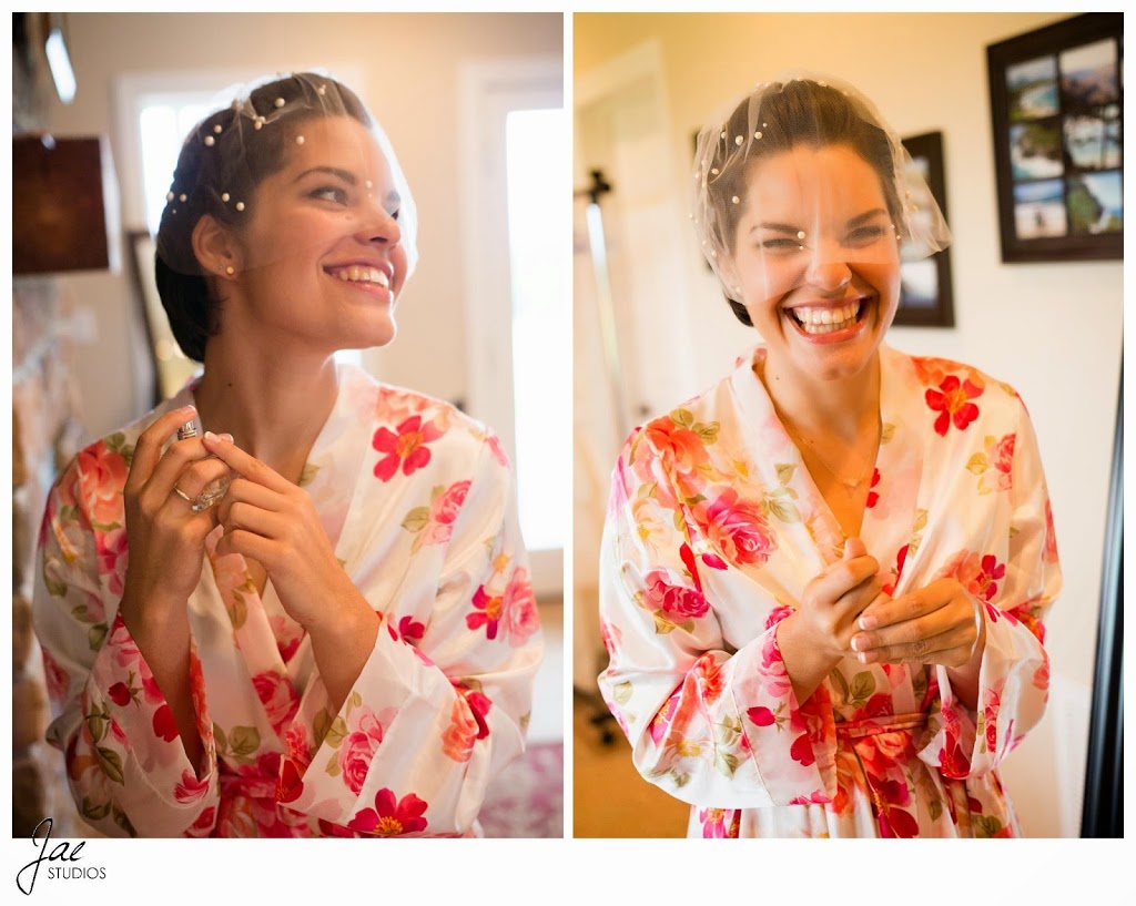 Sam and Hilary, Lynchburg Wedding Session 2014, Sierra Vista, Flower Robe, Preparing, Veil, Smiling, Laughing, Short Hair, Brunette