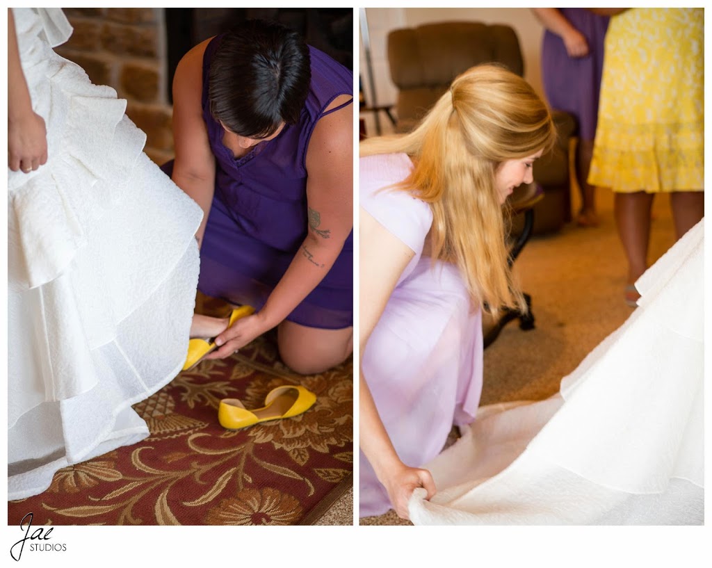 Sam and Hilary, Lynchburg Wedding Session 2014, Sierra Vista, Wedding Dress, Yellow Shoes, Blonde, Black Hair, Short Hair, Long Hair, Yellow Dress, Purple Dress, Preparing