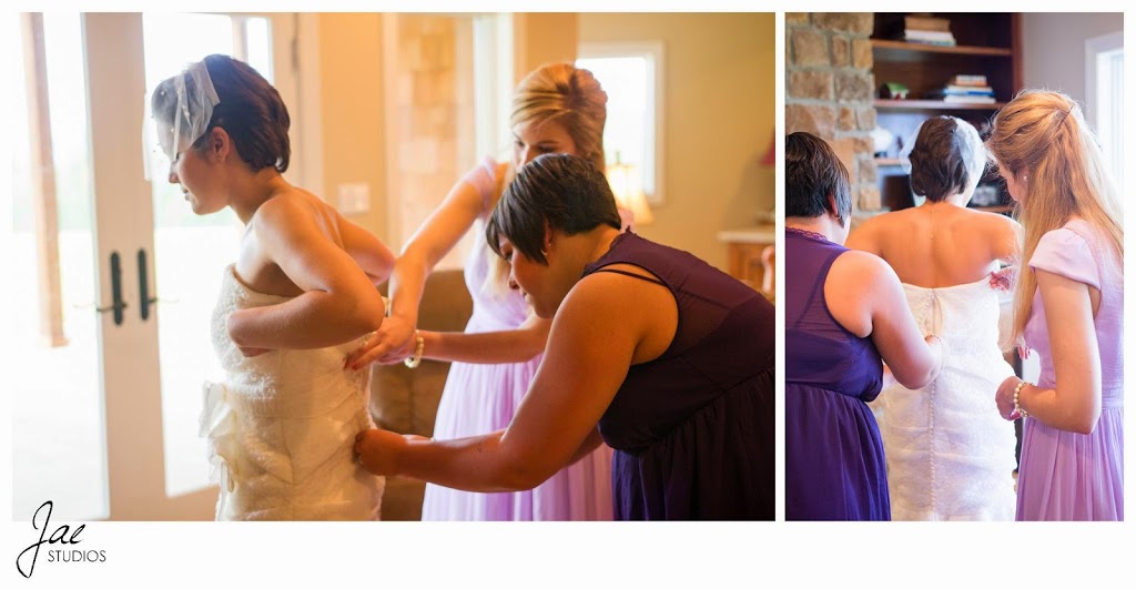 Sam and Hilary, Lynchburg Wedding Session 2014, Sierra Vista, Wedding Dress, Veil, Purple Dress, Blonde, Brunette, Short Hair, Dressing, Preparing