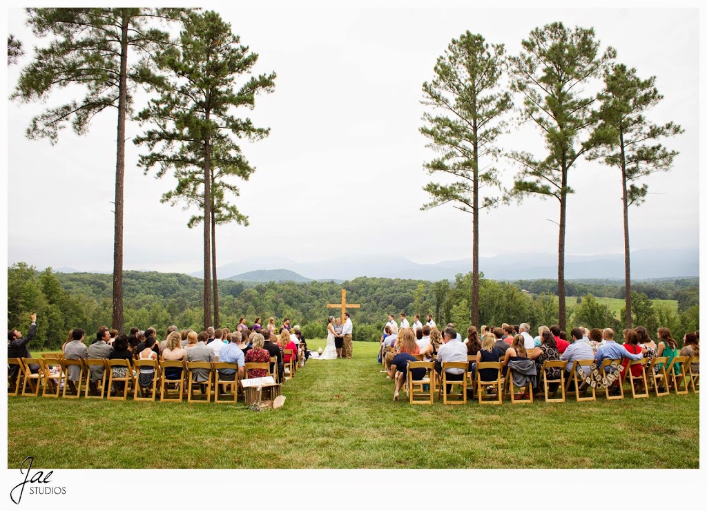 Sam and Hilary, Lynchburg Wedding Session 2014, Sierra Vista, Trees, Cross, Ceremony, Peaks of Otter, Guests, Wide Shot, Bride, Groom, Bridesmaid, Groomsmen