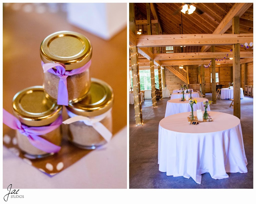 Sam and Hilary, Lynchburg Wedding Session, White Tables, Tablecloths, Inside the Barn, Gifts, Wedding Favors