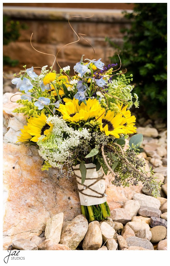 Sam and Hilary, Lynchburg Wedding Session 2014, Sierra Vista, Bride's Bouquet, Sunflowers, Blue Flowers, Rocks