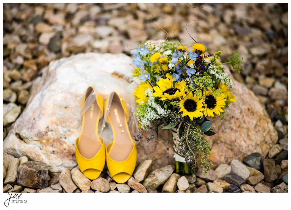 Sam and Hilary, Lynchburg Wedding Session 2014, Sierra Vista, Yellow Shoes, Veil, Sunflowers, Blue Flowers, White Flowers, Rocks, Bride's Bouquet 