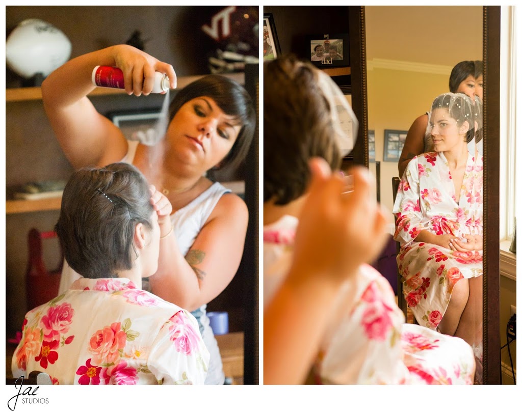 Sam and Hilary, Lynchburg Wedding Session 2014, Sierra Vista, Makeup Artist, Hair Stylist, Flower Robe, Hair Spray, Short Hair, Veil, Mirror