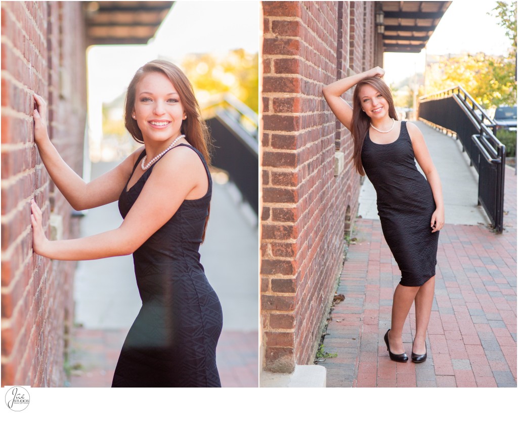 Katie, Lynchburg Senior Session 2015, Brick Wall, Old City Cemetery, Jefferson Street, Black Dress, Black High Heels, Red Hair, Pearl Necklace, Leaning against wall, ramp, Smiling