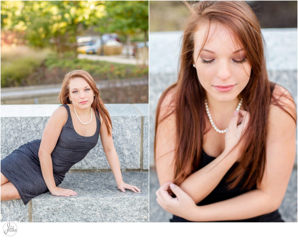 Katie, Lynchburg Senior Session 2015, Old City Cemetery, Jefferson Street, Stone Steps, Black Dress, Red Hair, Pearl Necklace, Lying, Sitting, Eyes Closed, High Shot