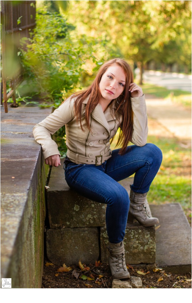 Katie, Lynchburg Senior Session 2015, Old City Cemetery, Jeans, Gray Boots, Beige Jacket, Red Hair, Stone Steps, Trees, Hoop Earrings