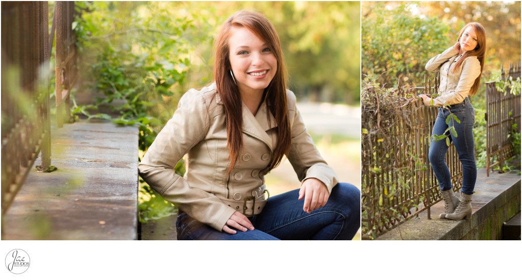 Katie, Lynchburg Senior Session 2015, Old City Cemetery, Stone Steps, Metal  Gate, Red Hair, Beige Jacket, Jeans, Gray Boots, Branches, Fall