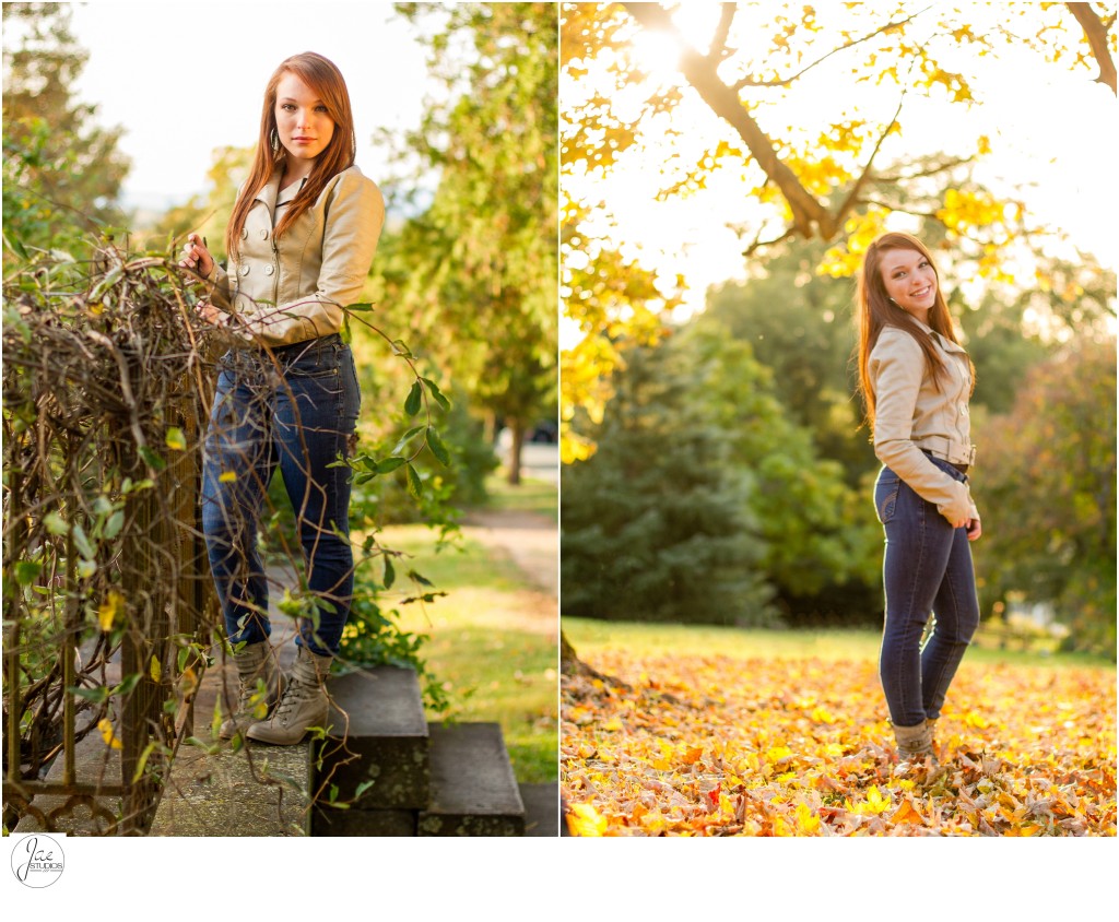 Katie, Lynchburg Senior Session 2015, Fall, Leaves, Branches, Stone Steps, Beige Jacket, Jeans, Gray Boots, Red Hair, Hoop Earrings
