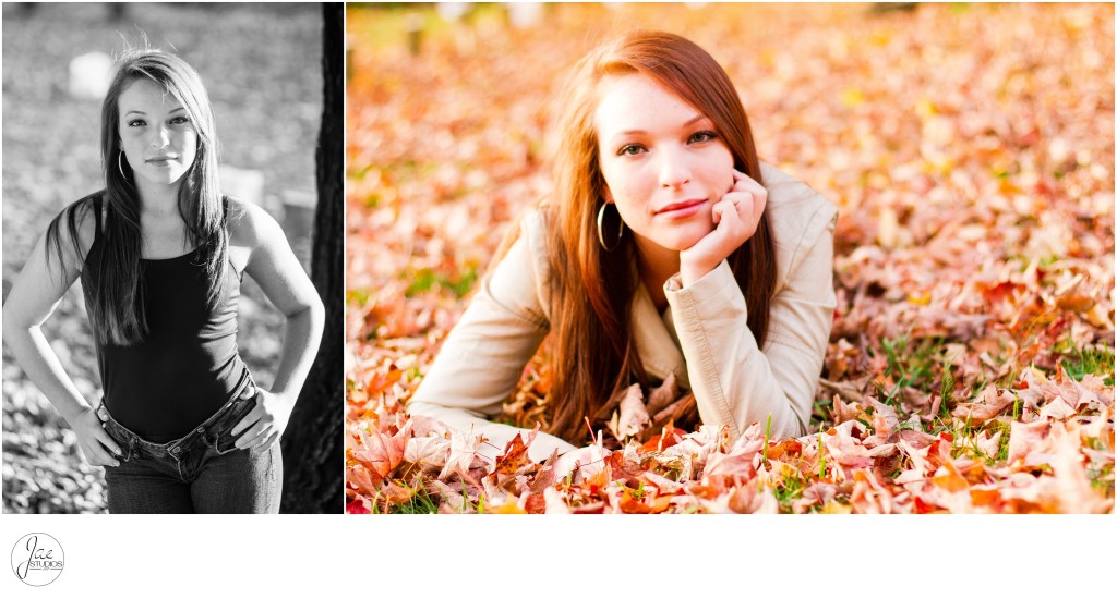 Katie, Lynchburg Senior Session 2015, Black and White, Black Tank Top, Jeans, Red Hair, Fall, Leaves, Lying Down, Standing, Hands on Hips, Hoop Earrings, Beige Jacket, Old City Cemetery