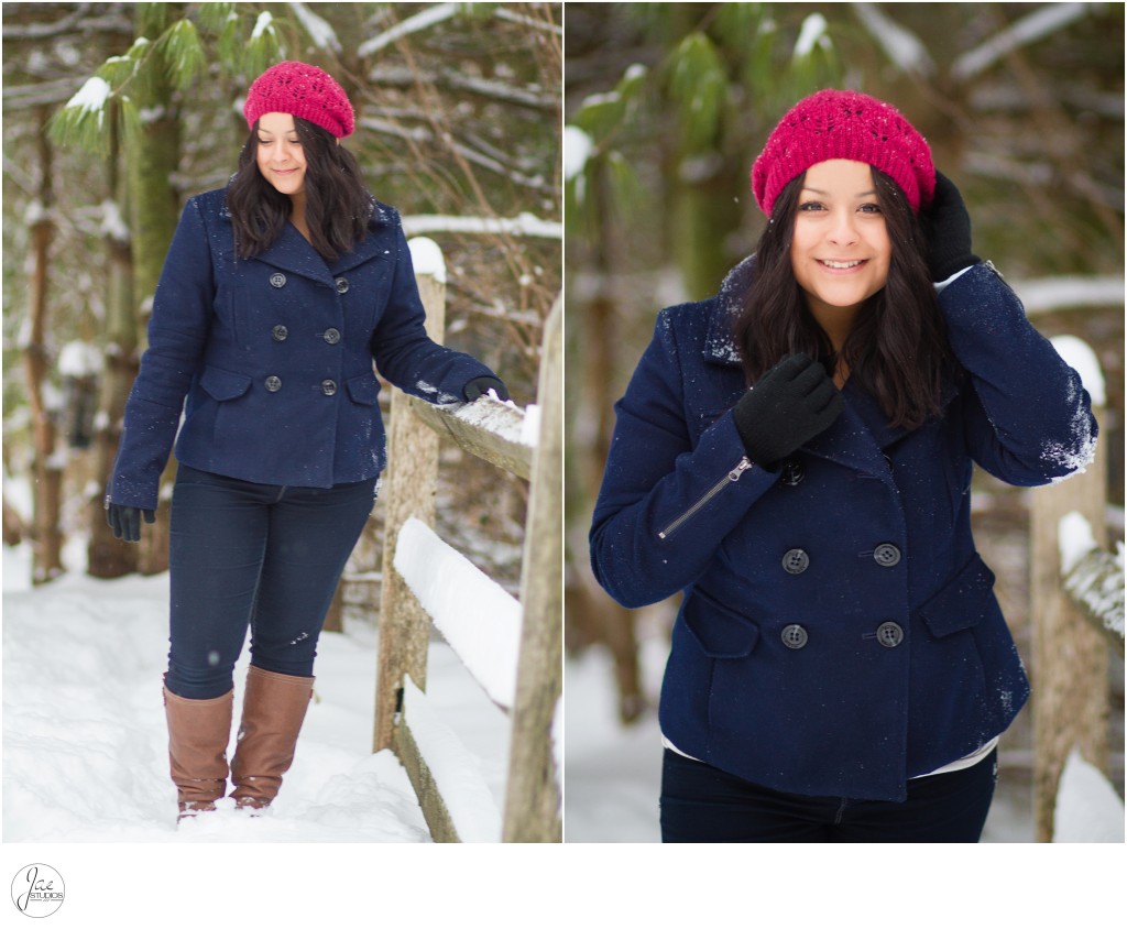 Steph, Snow Day, Lynchburg Winter Session, Wood Fence, Pink Hat, Blue Jacket, Brown Boots, Jeans, Woods