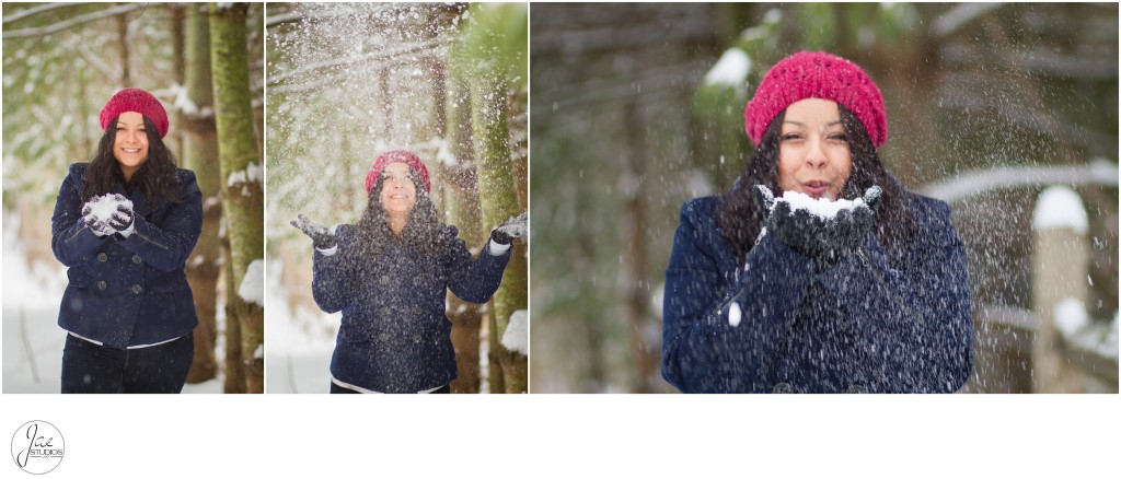 Steph, Snow Day, Lynchburg Winter Session, Pink Hat, Blue Jacket, Blowing Snow, Black Pants