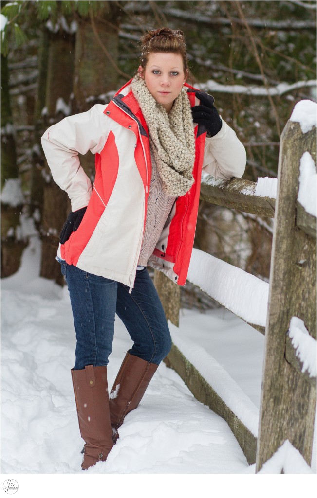 Alex, Snow Day, Lynchburg Winter Session, Coral Winter Jacket, Jeans, Brown Boots, Beige Knit Scarf, Black Gloves, Wood Fence, Woods, Trees