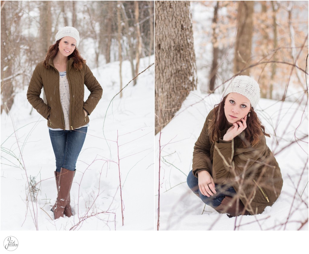 Alex, Snow Day, Lynchburg Winter Session, White Hat, Brown Jacket, Sitting, Standing, Brown Boots, Jeans, Woods,, Brunette