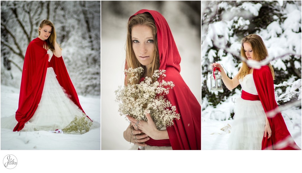 Jackie, Lynchburg Winter Wedding Session 2013, Wedding Dress, Red Belt, Red Cape, Little Red Riding Hood, White Flowers, Baby's Breathe, Woods