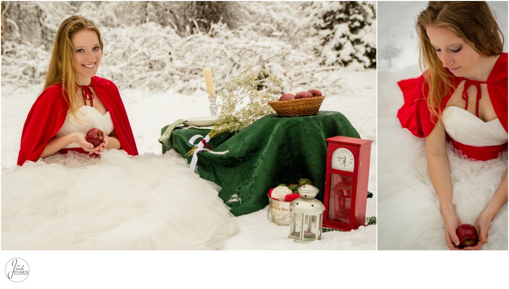 Jackie, Lynchburg Winter Wedding Session 2013, Little Red Riding Hood, Wedding Dress, Red Cape, Red Belt, Red Apple, Picnic, Woods, High Shot, Clock, Bread, Candle, Flowers, Lantern