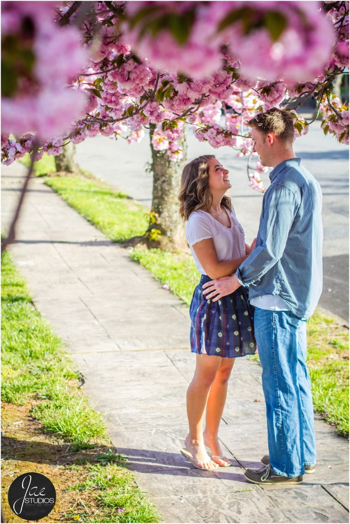 Hannah & Nick-1, Lynhburg Couple Session, Cherry Blossoms, Blue Jean Button up Shirt, Blue Skirt, White Shirt, Brunette