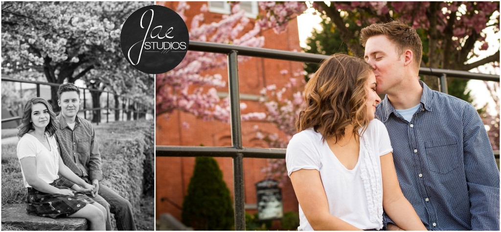 Hannah & Nick-17, Lynchburg Couple Session, Black and White, Color, Cherry Blossoms, White Shirt, Blue patterned skirt, Blue Jean Button up Shirt, Forehead Kiss, Holding Hands, Sitting, 