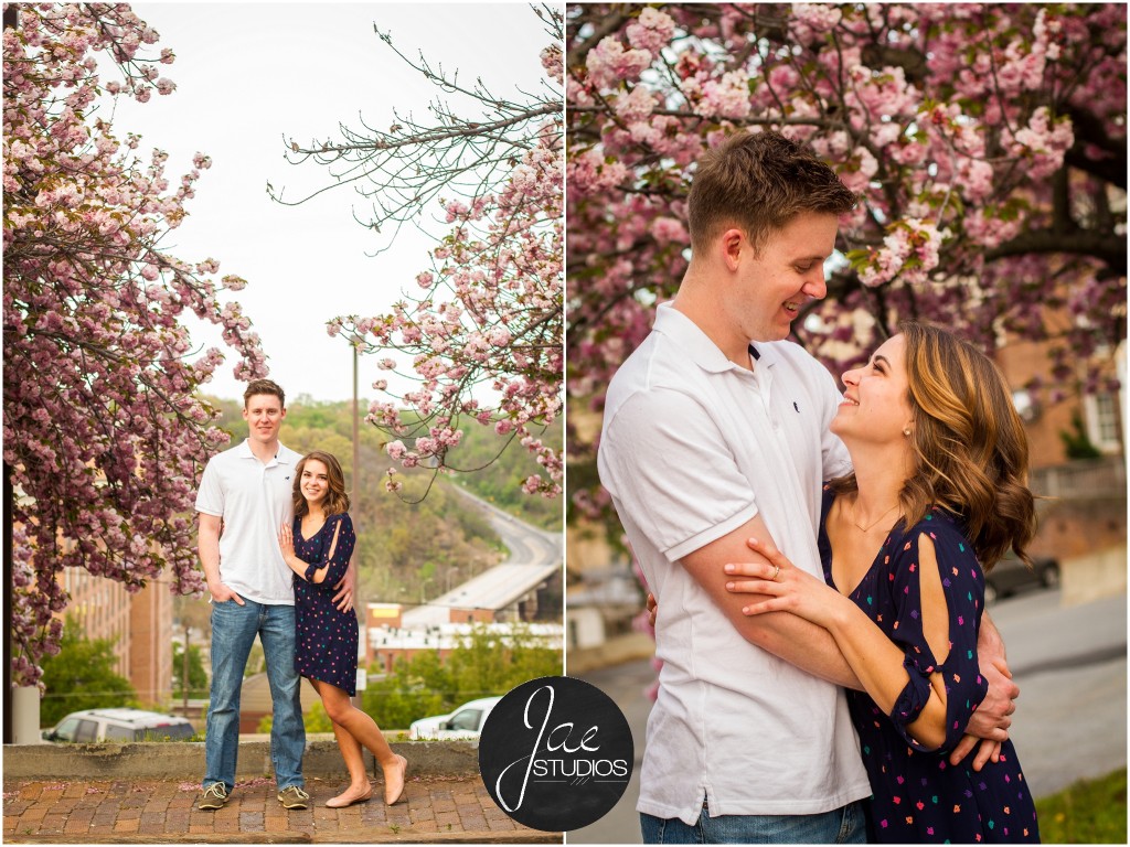 Hannah & Nick-25, Lynchburg Couple Session, Cherry Blossom, Hugging, Holding, White Short, Blue Pattered Dress, Brunette, Landscape, Brick Sidewalk