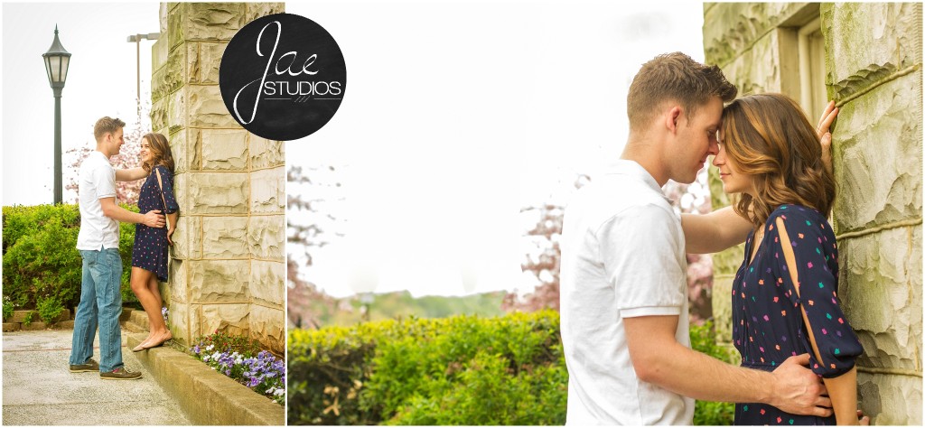 Hannah & Nick-42, Lynchburg Couples Session, Stone wall, On the Step, Jeans, White Shirt, Blue Patterned Dress, Lamp Post, Touching Foreheads, Holding her waist, Brunette, Purple Flowers