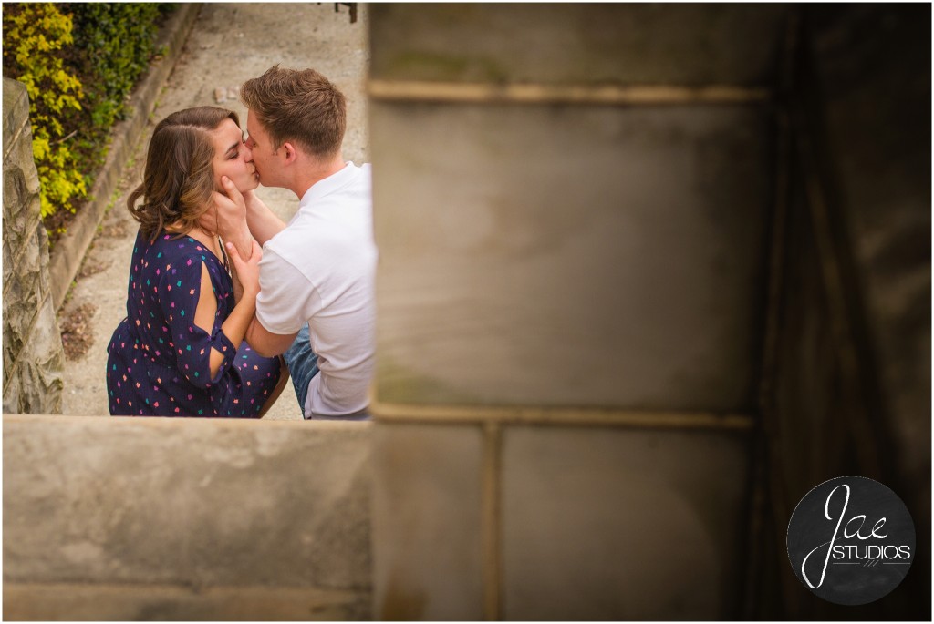 Hannah & Nick-55, Lynchburg Couple Session, Kissing, Stone wall, Stairs, Blue Patterned Dress, White Shirt, Jeans, Brunette