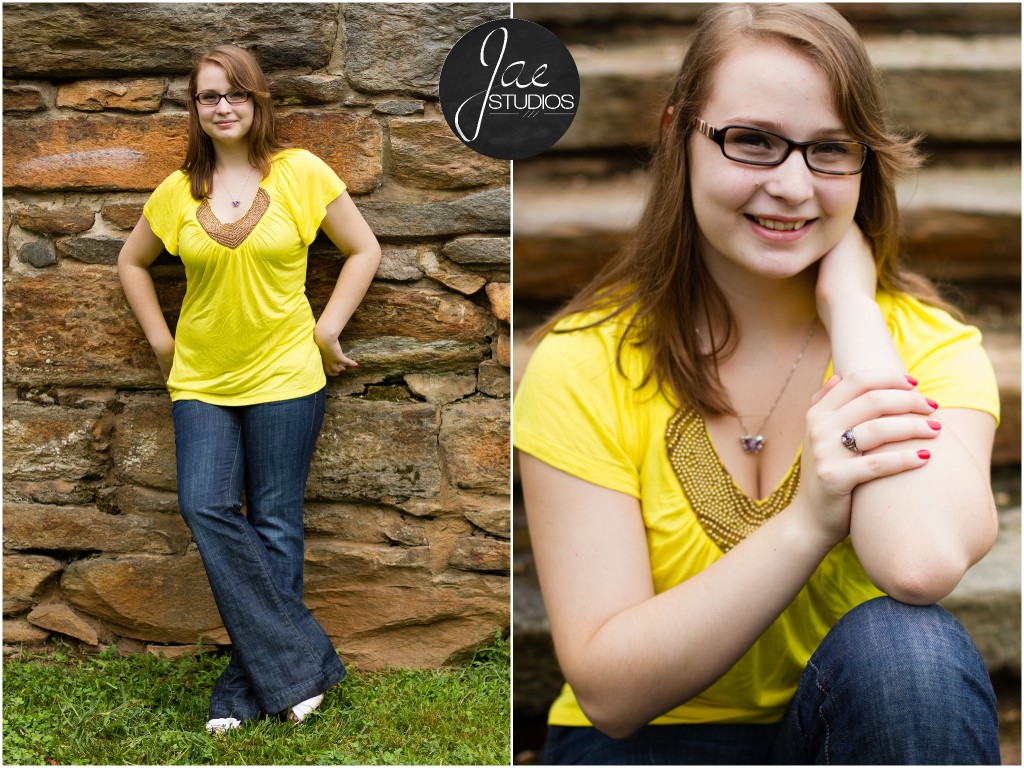 Lynchburg Senior Girl Emily 2014. She is leaning against a stone wall while standing in the grass in her yellow shirt and jeans. Then, she is posed on the stairs with her elbow on her knee.