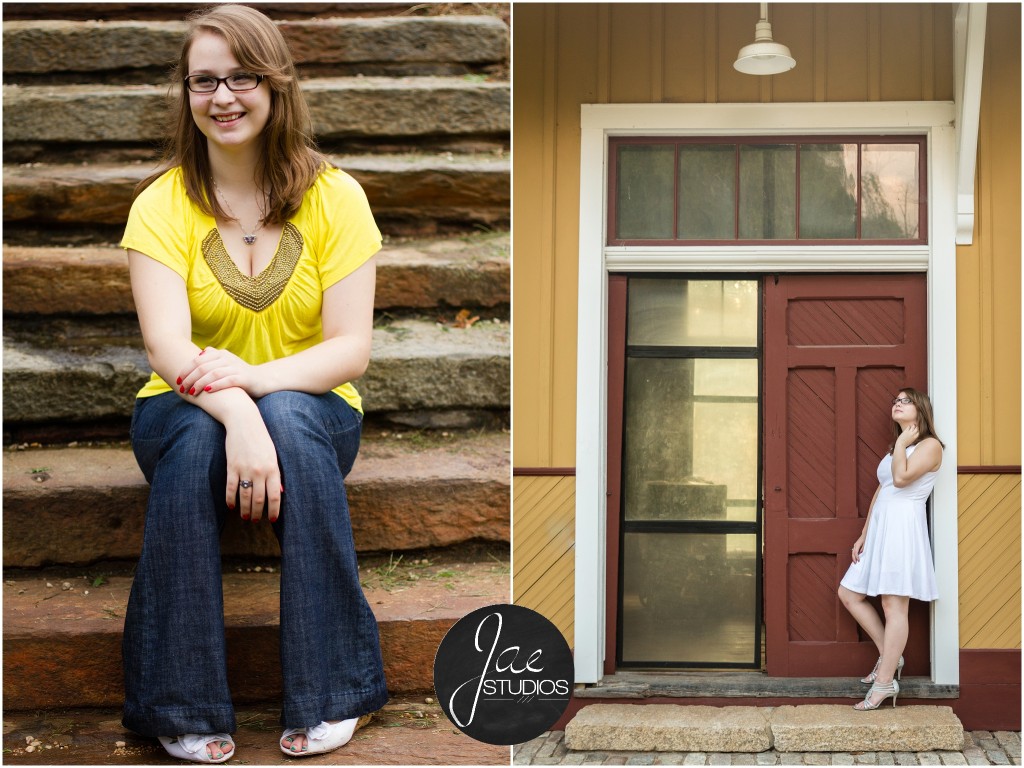 Lynchburg Senior Girl Emily 2014. The first is a full length shot of her on the stairs. The second is her in front of a brown door while leaning on the frame. In the first photo, she is wearing a yellow shirt and jeans. The second photo shows her in a white dress and white high heels.