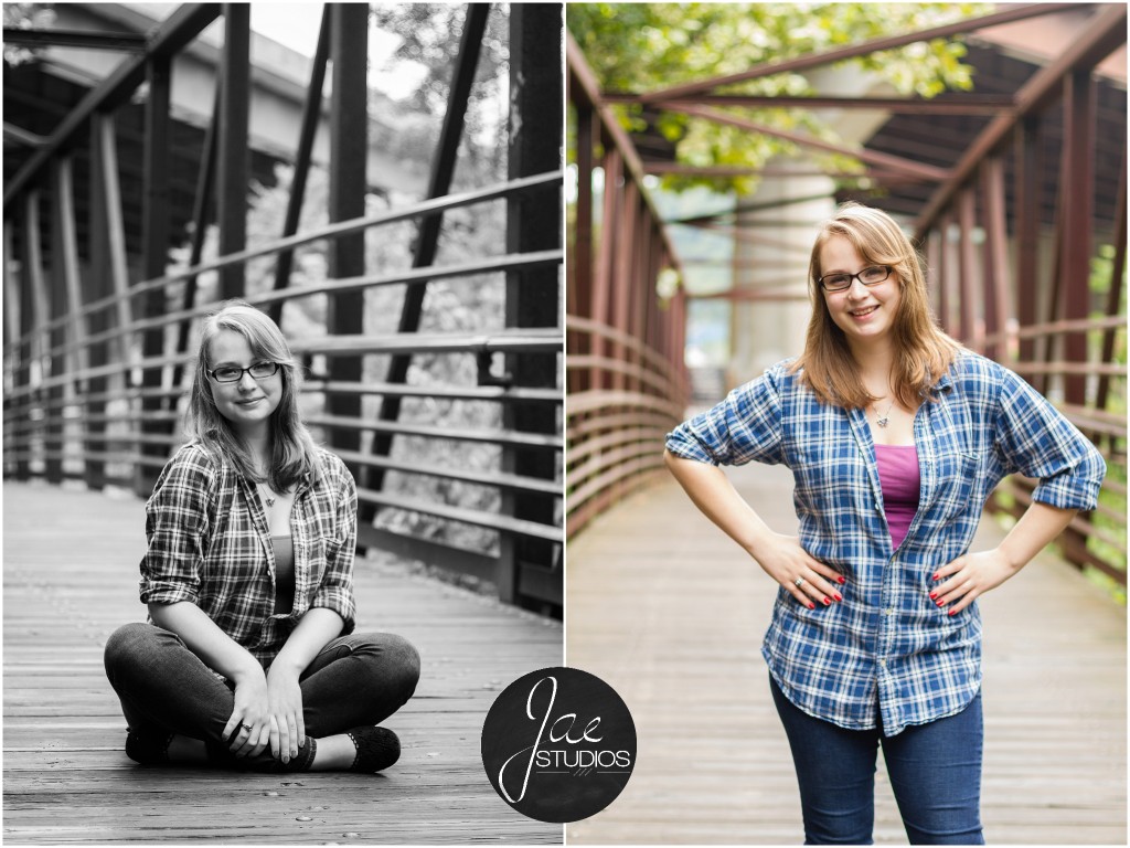 Lynchburg Senior Girl Emily 2014. In the first photo, she is sitting cross legged in the same area as the last picture, but she is looking at the camera. In the second picture, she is again in the same location, but she is standing with her hands on her hips while smiling at the camera.