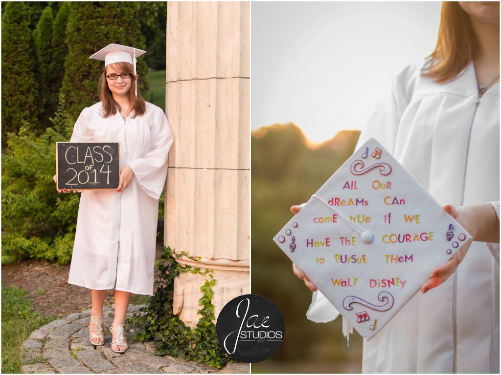 Lynchburg Senior Girl Emily 2014. These last pictures show her in her white graduation gown with a white cap and white high heels. In the first one, she is holding a chalkboard with the words "Class of 2014" written on it. The second one shows the tops of her cap, which says "All our dreams can come true if we have the courage to pursue them - Walt Disney."