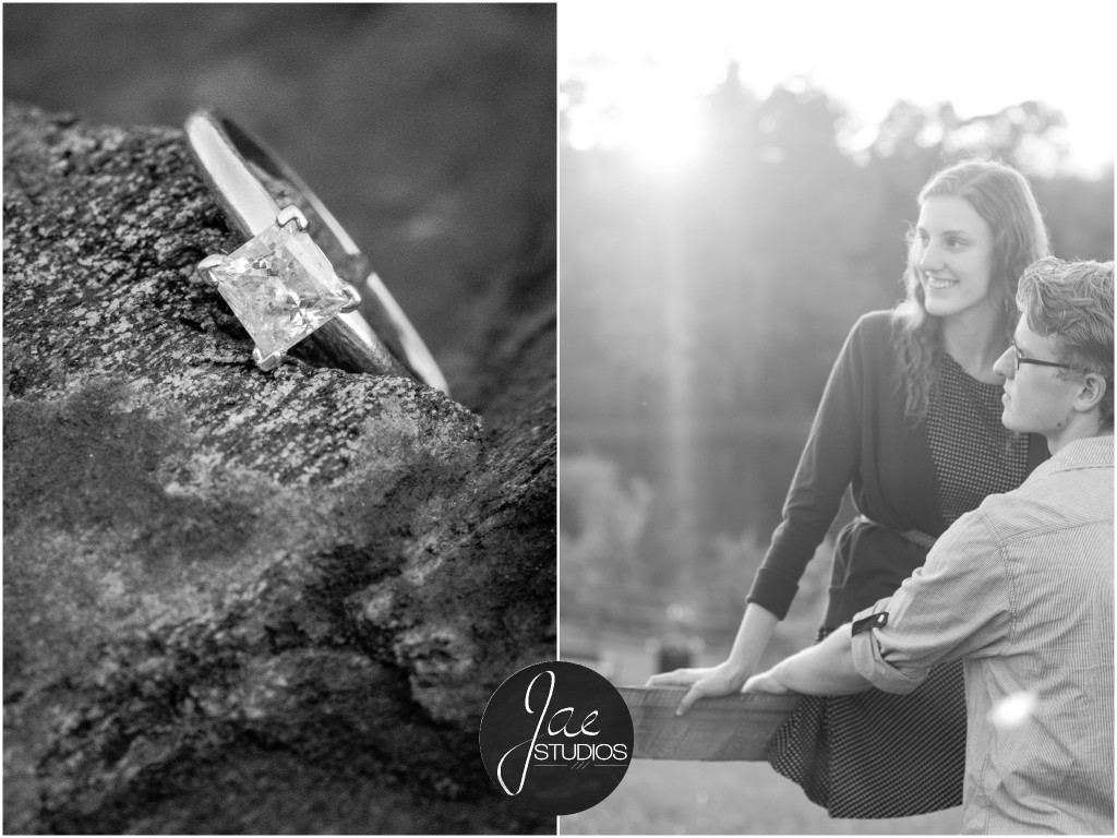 Lynchburg Engagement Patrick and Rebecca. Princess cut engagement ring sitting on a rock and sitting on a fence while he holds her up.