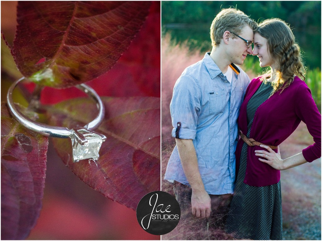 Lynchburg Engagement Patrick and Rebecca. Princess cut diamond ring hanging from a red fall leaf. He pulls her close while they stare into each other's eyes.