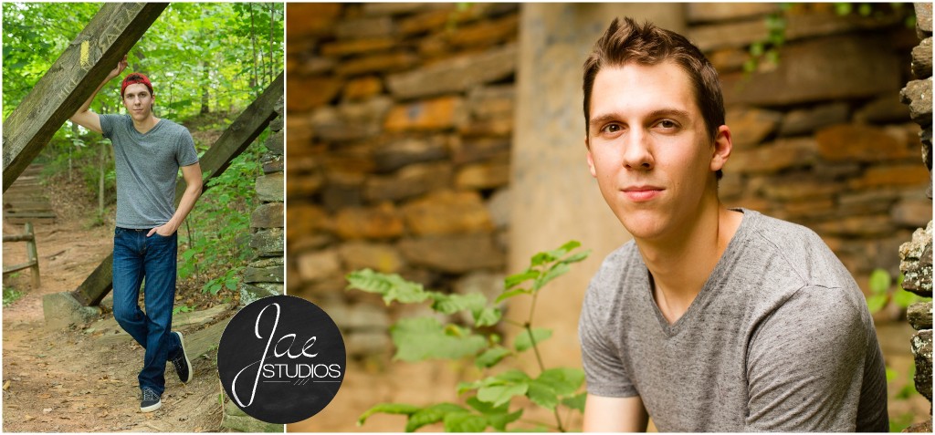 Andrew. Liberty University, Class of 2015, senior pictures, Lynchburg, Virginia, Jae Studios, red hat, gray shirt, jeans, stone wall, green, wood