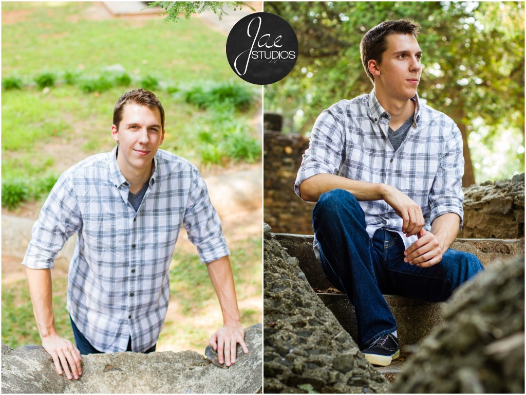 Andrew. Liberty University, Class of 2015, senior pictures, Lynchburg, Virginia, Jae Studios, plaid shirt, jeans, sitting, standing, rocks, green