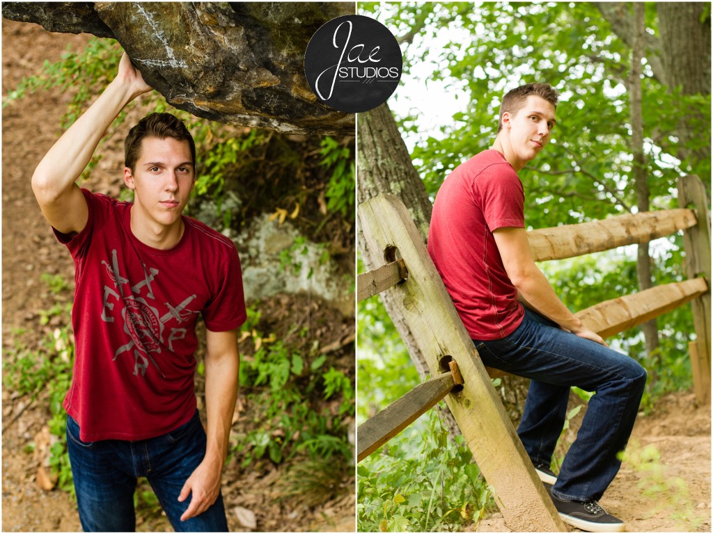 Andrew. Liberty University, Class of 2015, senior pictures, Lynchburg, Virginia, Jae Studios, , red shirt, jeans, wooden fence, tree, leaning